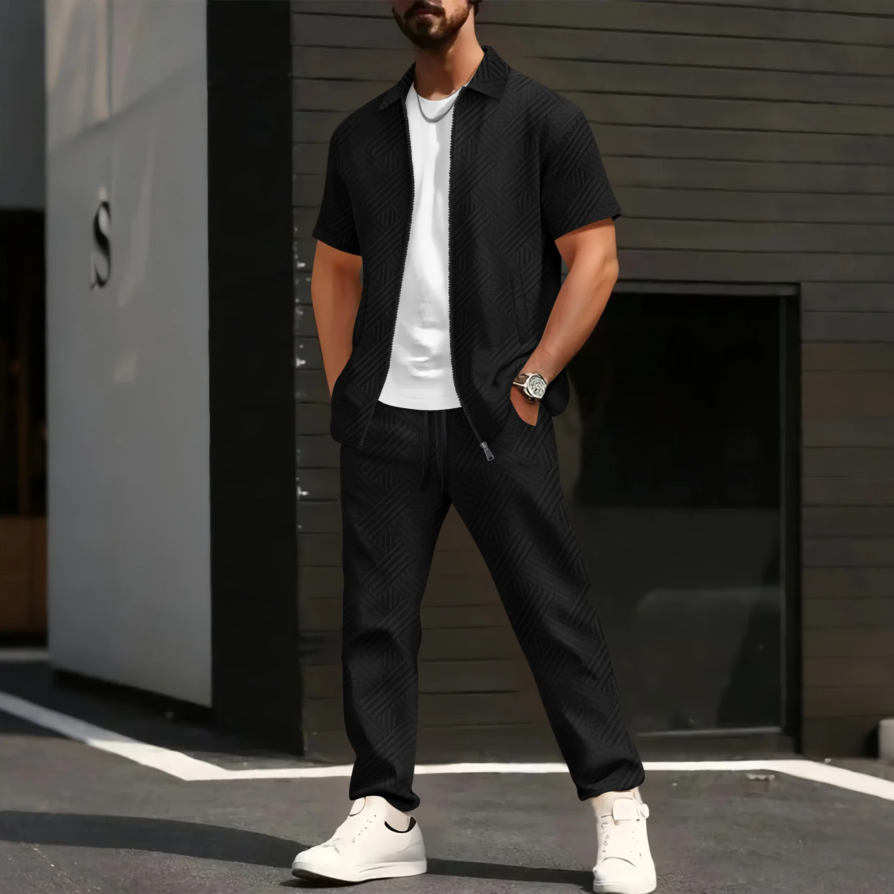 Men's Summer 2026 Solid Color Jacquard Zipper Cardigan Short-Sleeved Jacket And Long Pants Set Casual Fashion Outfit - Image 3