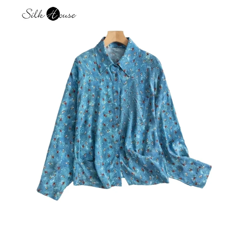 

2025 Women's Casual Early Autumn New 100% Natural Mulberry Silk 03 Crepe De Chine Blue Printed Long Sleeve Design Flip Shirt
