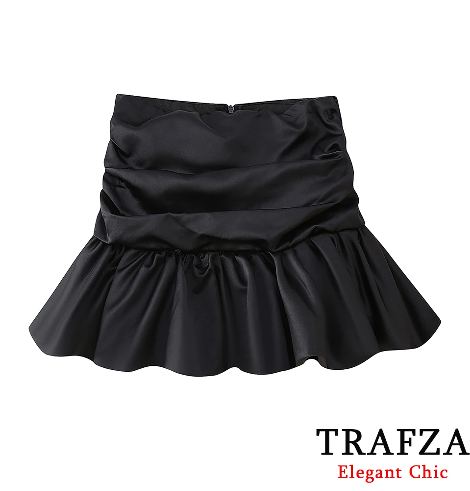 

TRAFZA Satin Puffy Skirt Pleated Mini Skirt Women's Sexy Short Skirt New 2024 Autumn Fashion
