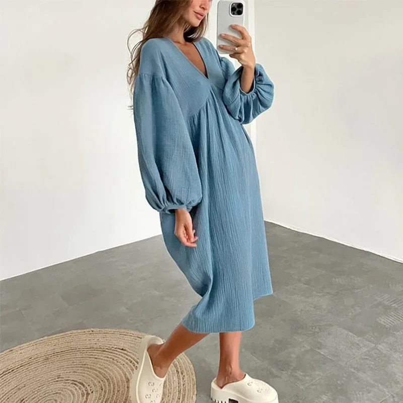 Summer V-neck Women Beach Dresses Fashion Solid Cotton Linen Loose Fit Soft Home Sleeping Dress Casual Lantern Sleeve Long Dress