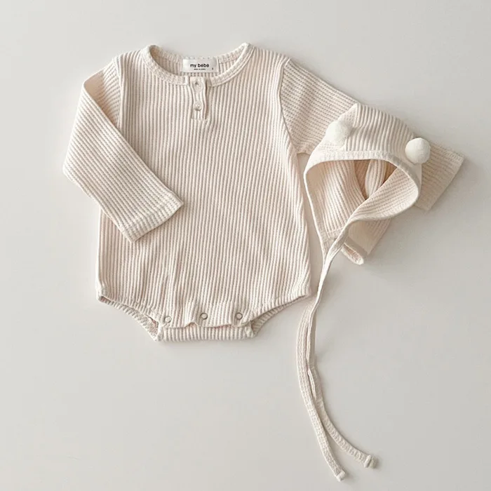 Spring Autumn Newborn Girl Infant Ribbed Solid Casual Long Sleeve Bodysuit + Lacing Caps 2pcs Boy Baby Cotton Striped Onesie