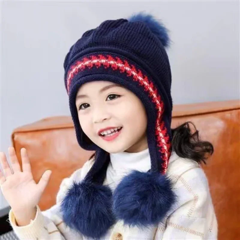 Children Hats Cute Girls Princess Hat Winter Velvet Warm Ear Protection Hats Woolen Hat Baby Knitted Hats Кепка Gorros Para Bebé