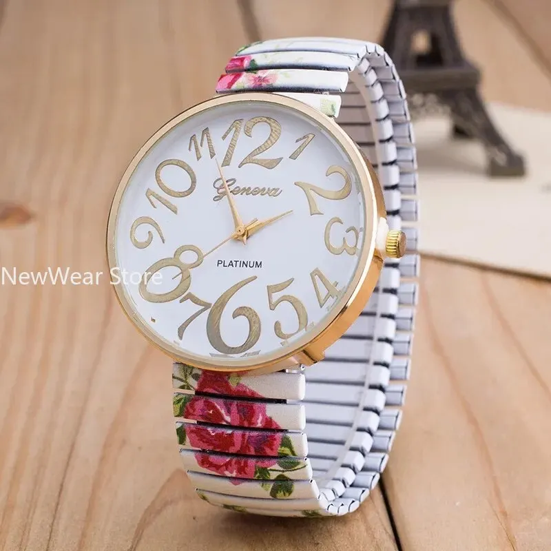 Colorful Printed Elastic Band Watches Fashion Decorative Ladies Watches 12 Large Numbers Wristwatches