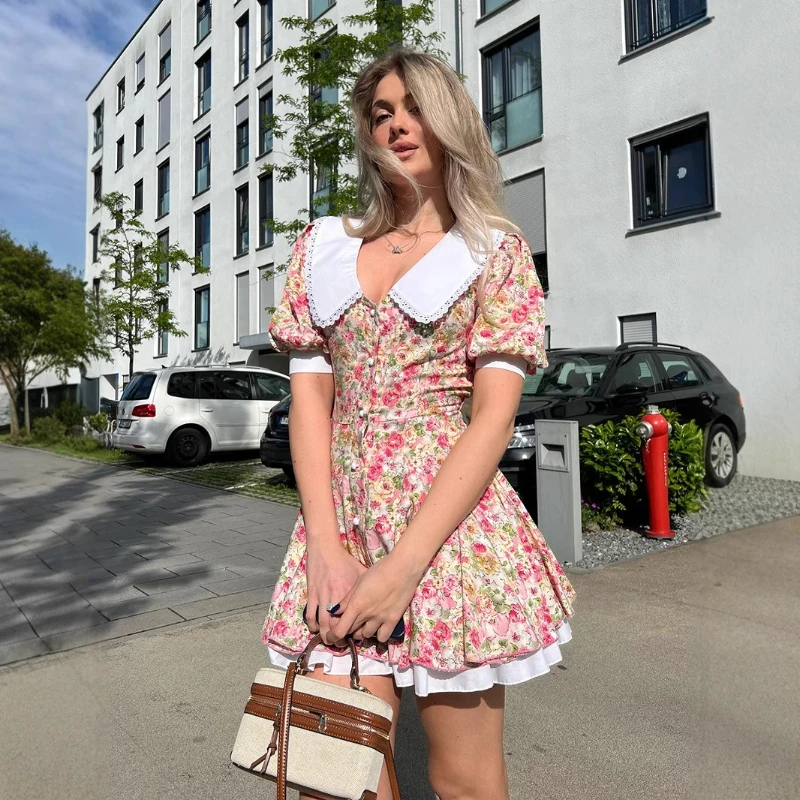 

Summer 2025 Doll Collar Print Short Sleeve Dress Puff Sleeve Single Breasted Mini Dress Women