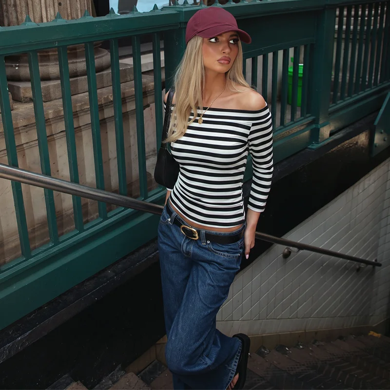 Hugcitar Modisches Langarm-Crop-T-Shirt mit Streifendruck, Sexy Figurbetont, Herbst-Damenkleidung, Streetwear, Party, Club, Großhandel – Detail 16