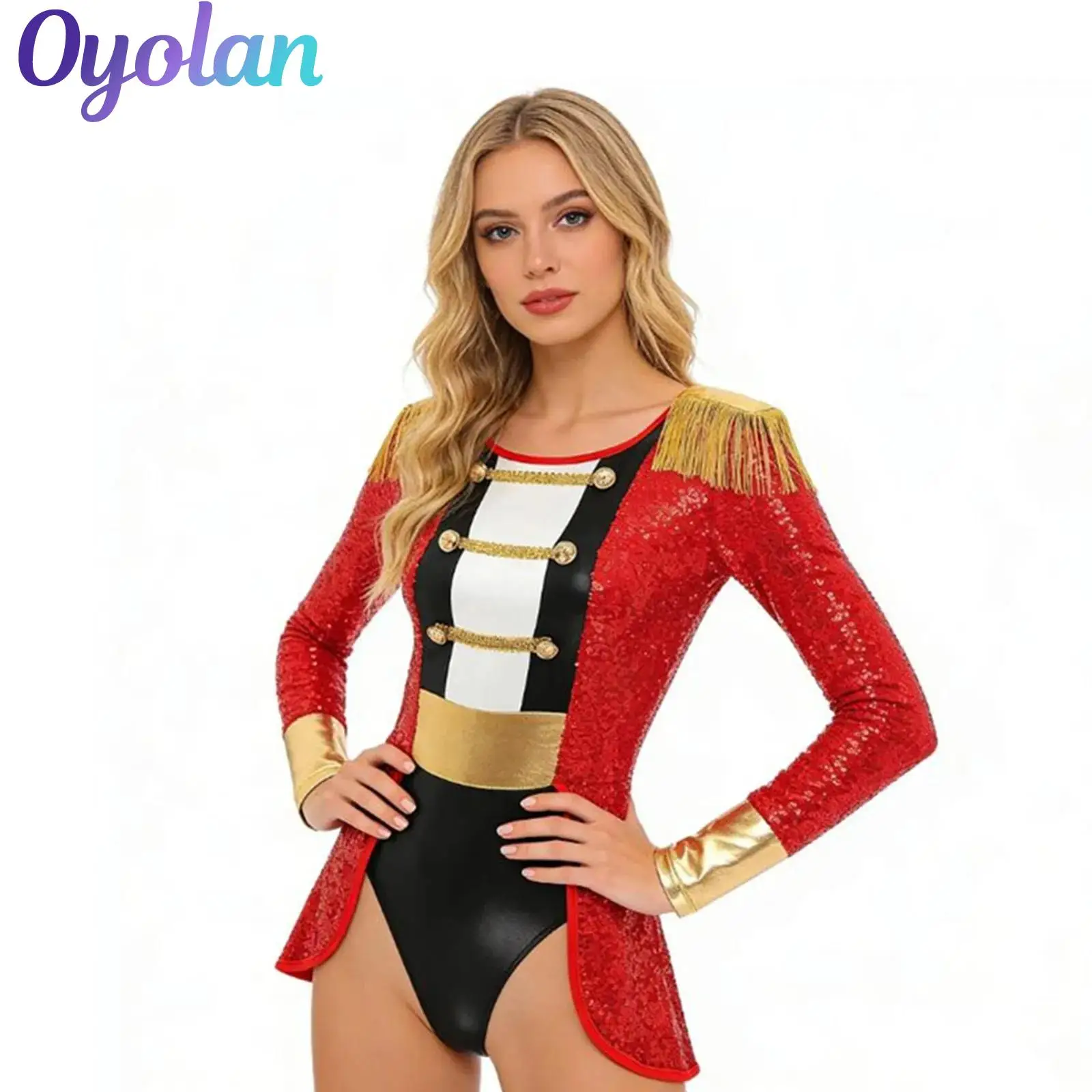 

Womens Circus Ringmaster Cosplay Bodysuit Long Sleeve Allover Sequin Tailcoat Jumpsuit Master Lion Tamer Festival Costumes