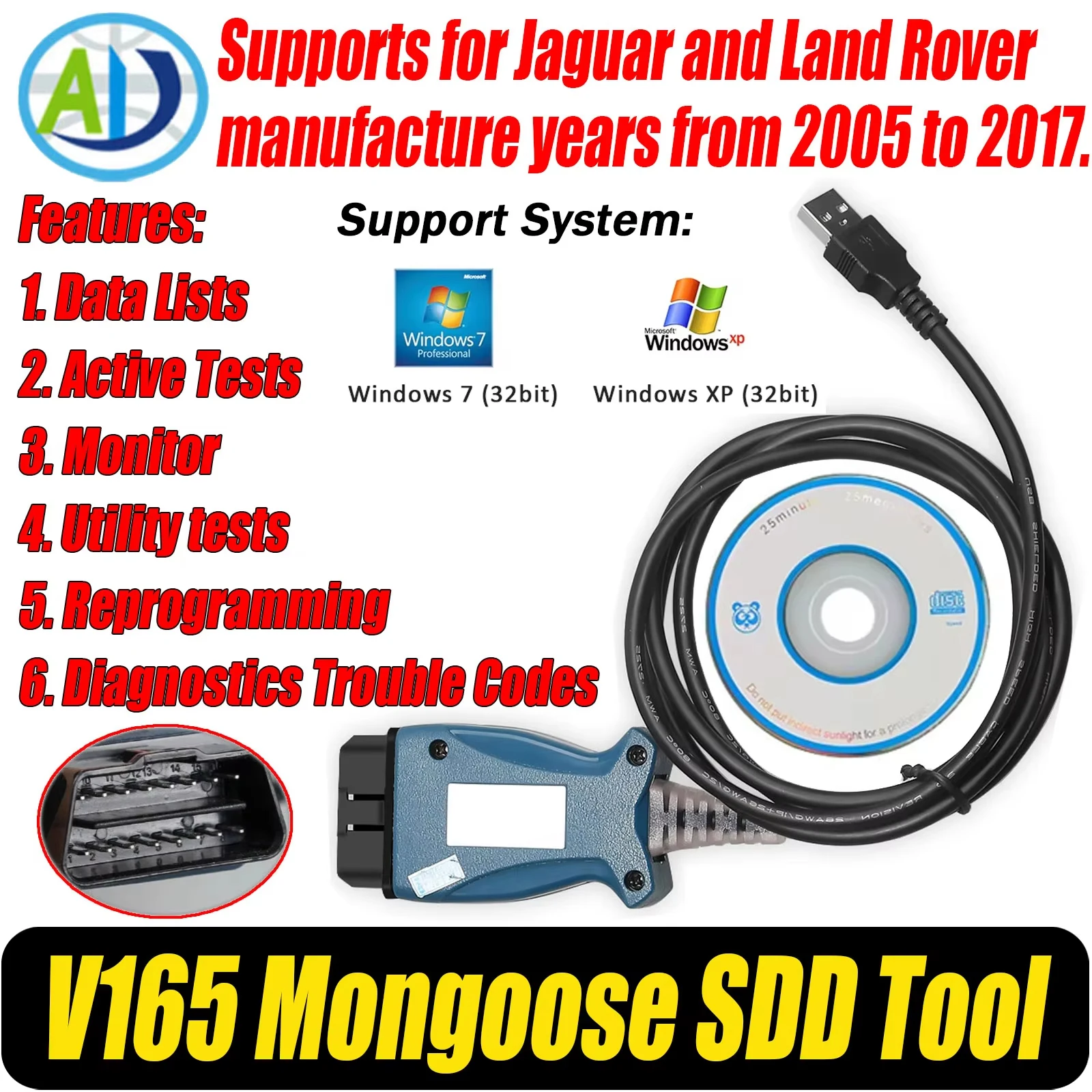OBD2-Diagnose-Scanner für Land Rover/Jaguar Fahrzeuge, Codeleser, OBD2-Programmierwerkzeug V165 Mongoose SDD OBD2-Schnittstellenscanner