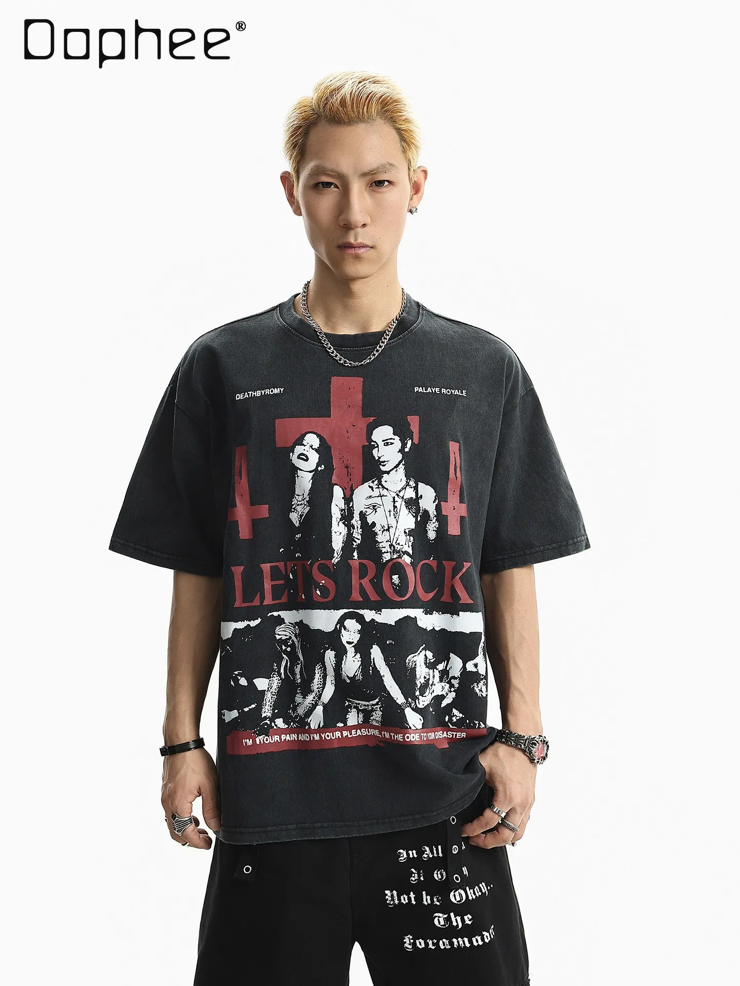 

Summer New American High Street Rock Gothic Style Character and Letter Print Loose Casual Black Round Neck Short-sleeve T-shirt