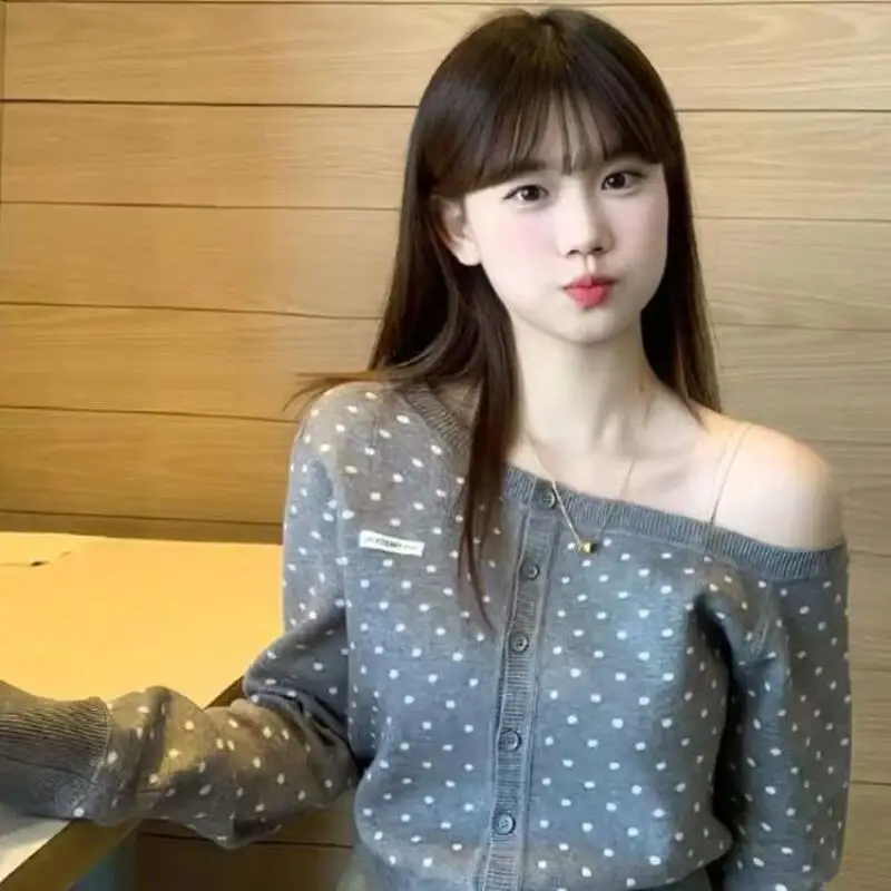 オフショルダーセーター 韓国風 春と秋 通勤 優しいリボンセーター オフィスワーカー向け カーディガン ニットセーター