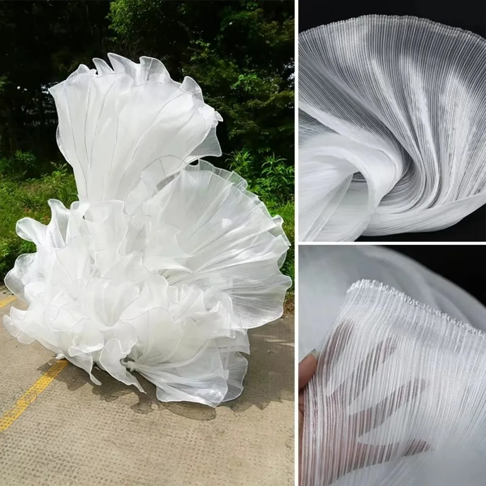 

Fashion Bright Organza Fabric Stiff Shape Polyester Material Designer Fabrics DIY Pleated Mesh Fabrics Wedding Decoration