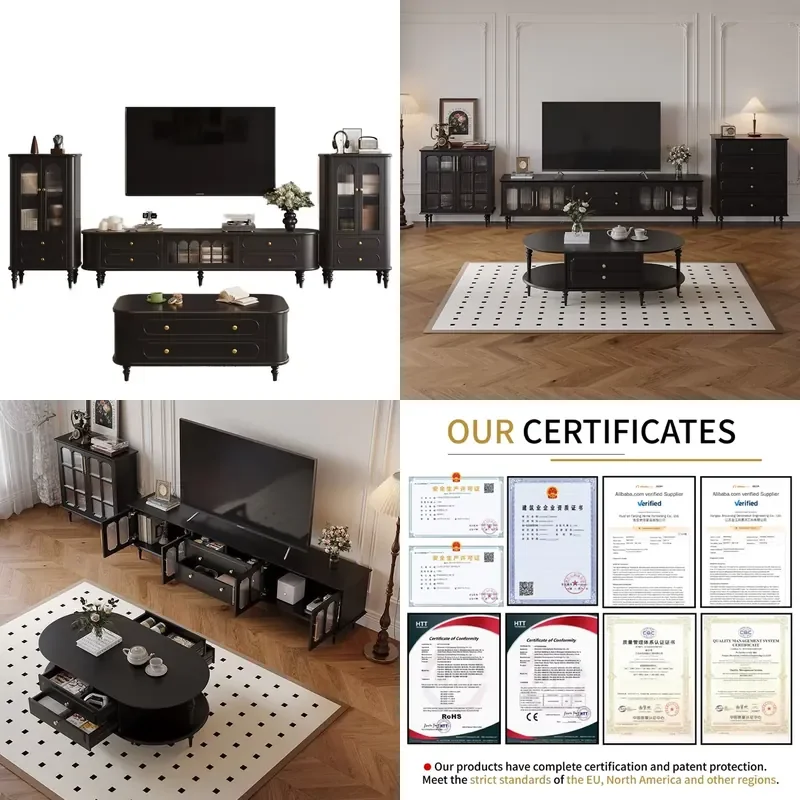 for Modern French Luxury TV Cabinet Set Glass Display Cabinet with Arched Groove Custom Living Room Entertainment Center