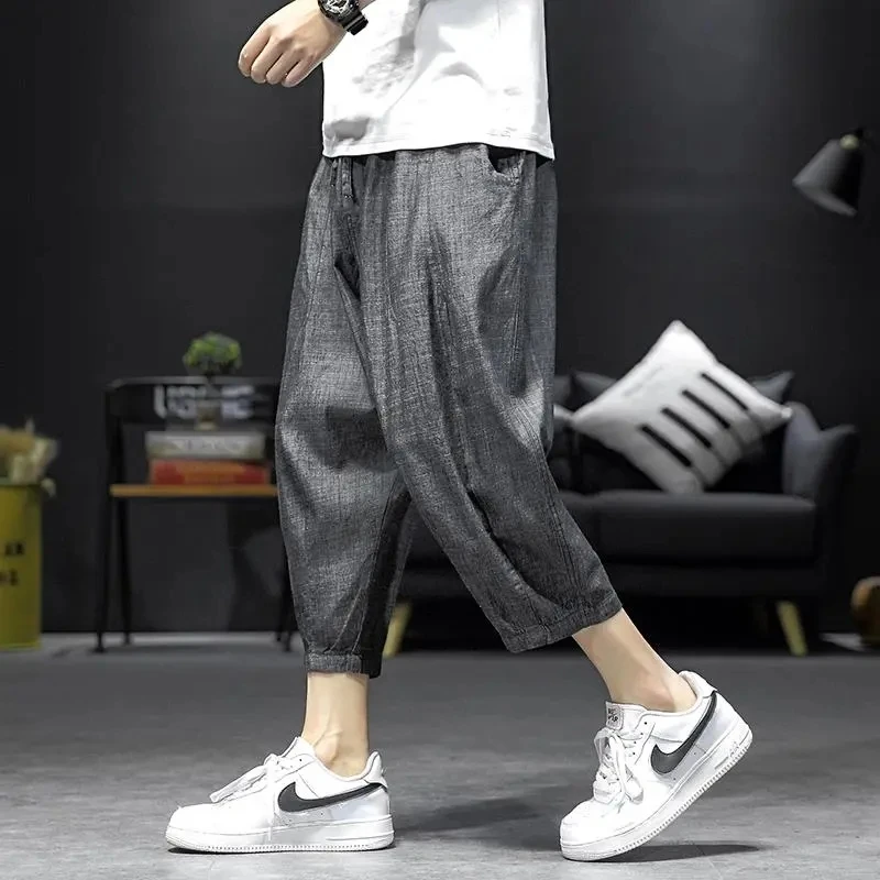 Men Clothing Ice Silk Cropped Jeans Men's Summer 2023 New Solid Color Ultra-thin All-match Pants Korean Loose Blue Jeans Hombre