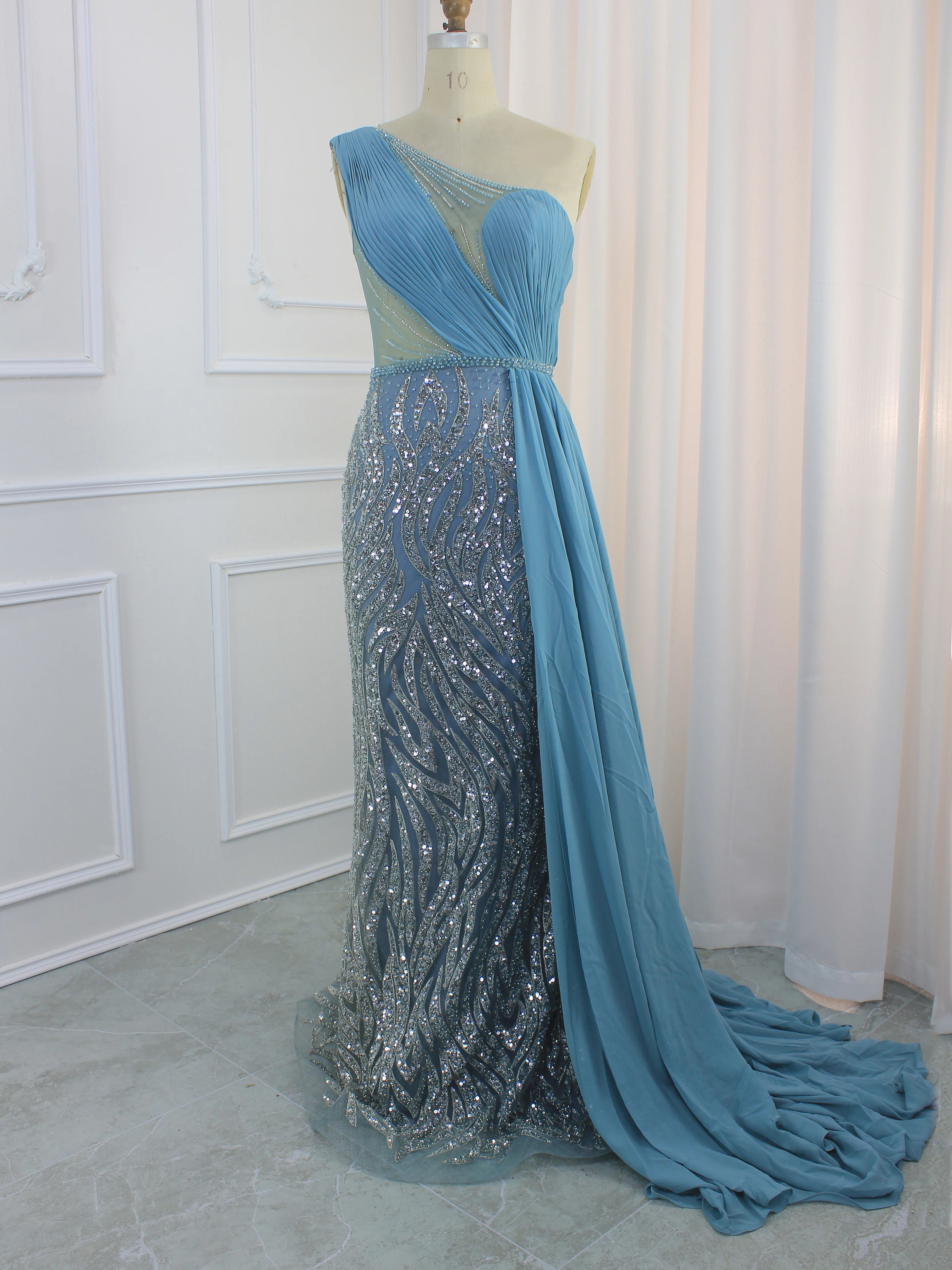 Hot Sale Dubai Turquoise One Shoulder Evening Dresses Luxury Beaded Sleeveless Formal Gowns 2024 For Women Party With Side Skirt