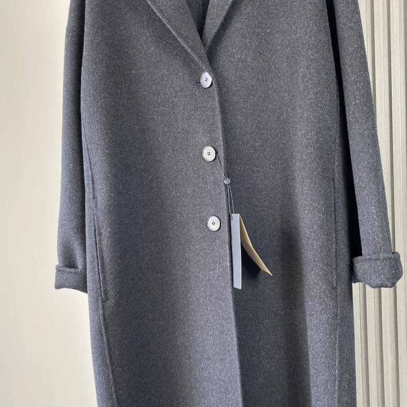 Autumn Winter Wool Coat Women Grey Wool Turn-Down Collar Long Sleeve Single Breasted Long Wool Coat Female Long Wool Jacket