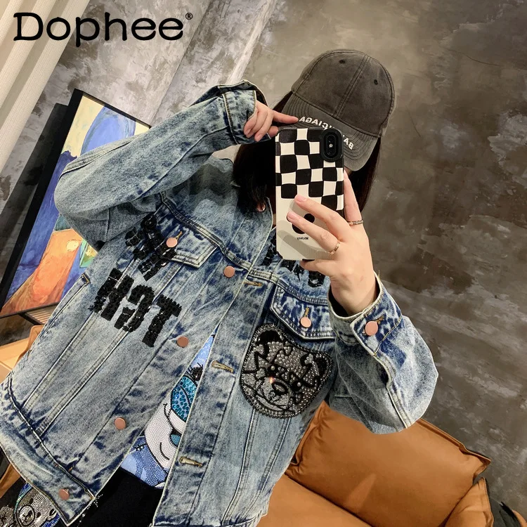 

Trendy Denim Coat Jacket Men's Women's Heavy Embroidery Hot Drilling Bear Street Fashion Cool Handsome Long Sleeve Jacket