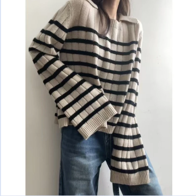 New European and American style checkered striped cashmere wool blended knitted sweater for autumn and winter 2024