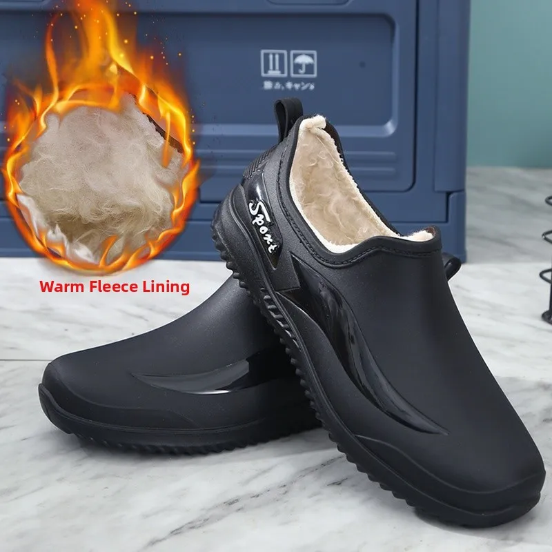 

Men's Winter Thickened Fleece Lined Rain Boots Outdoor Anti-slip Rubber Shoes Warm Cotton Water Shoes Kitchen Work Rain Boots