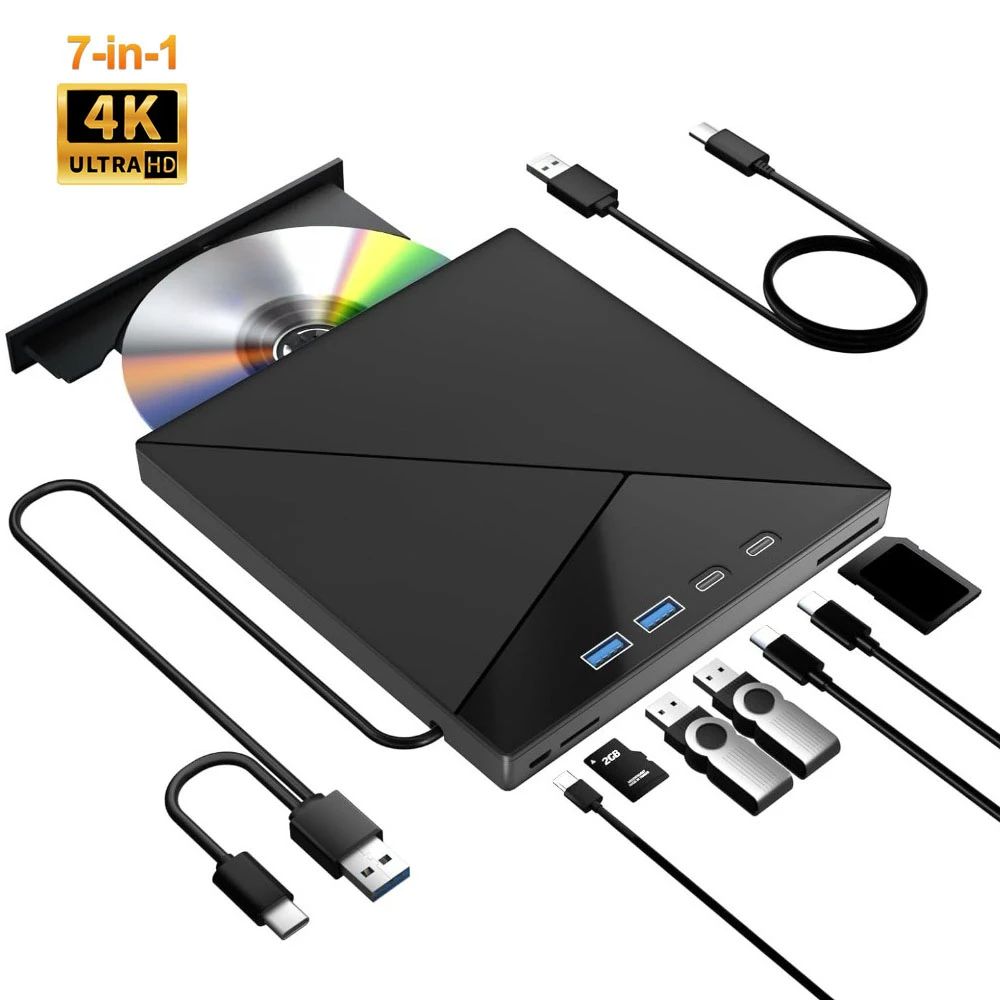 محرك بلو راي خارجي 7 في 1 USB3.0 Bluray Burner CD DVD +/-RW Player مع منافذ SD/TF محرك الأقراص الضوئية 4k متوافق مع Windows