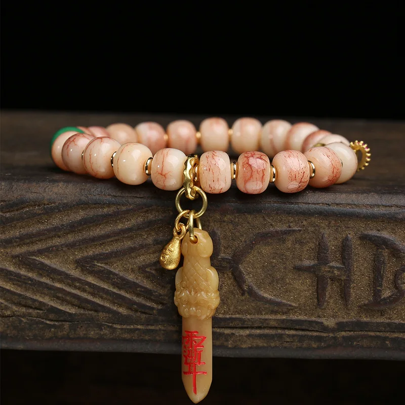Chinese Style Lucky Natural Pink Camel Bone Barrel Beaded Bracelet Agate Glaze Accessory Retro Buddhist Prayer Bead Fortune Attr