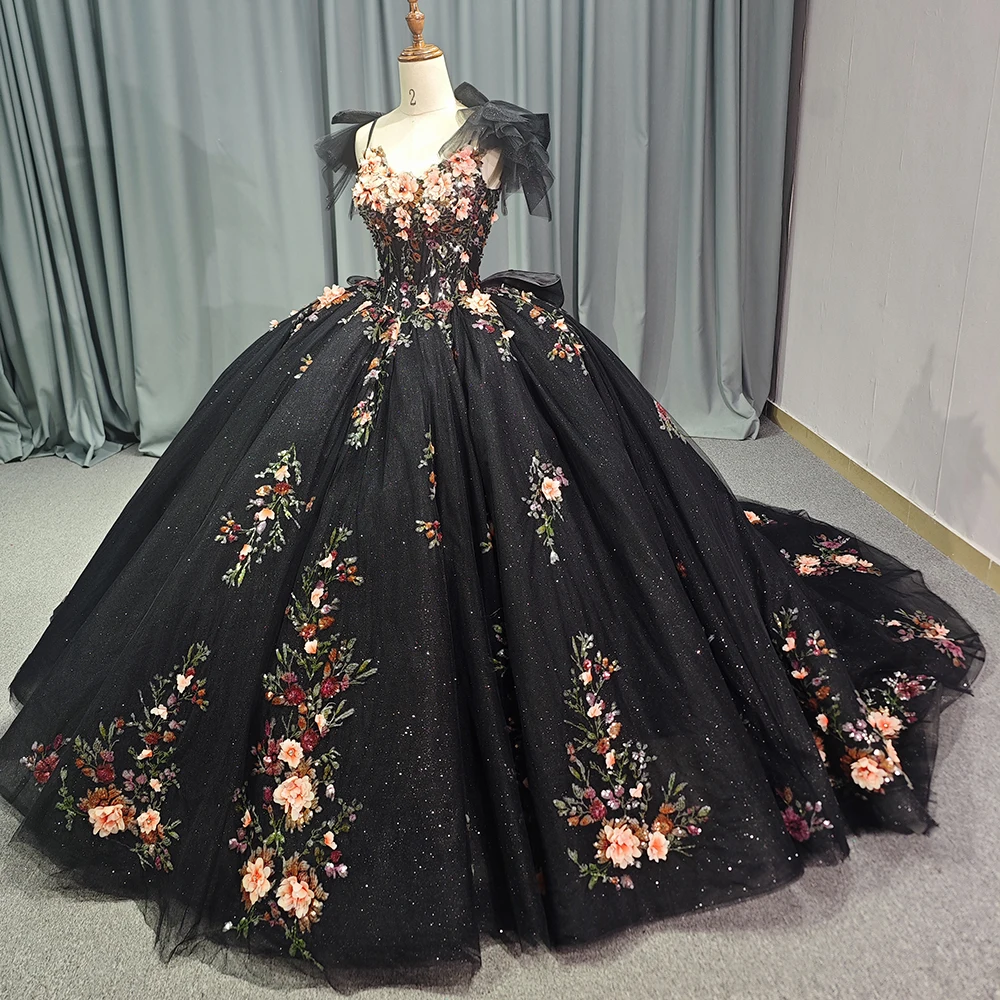 Vestido De baile negro Esmeralda para quinceañera, traje De Fiesta De cumpleaños con tirantes finos, 15 años