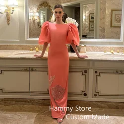 Coral Evening Dress Customized Puff Sleeves Scoop Straight Beading Sequined Formal Party Dresses Saudi Arab Prom Gown for Lady