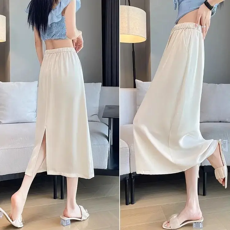 Ice Silk Satin A-Line Skirt Flared Hem High Waist Midi Skirt Floral Embroidery Thin Split Wrap around Skirt Summer New A...