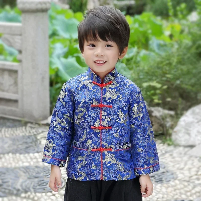 3 Colors Spring Costumes Chinese New Year Clothes for Kids Baby Boys Tang Suit Clothes Satin Coat Dragon Tops Pants Wushu Set