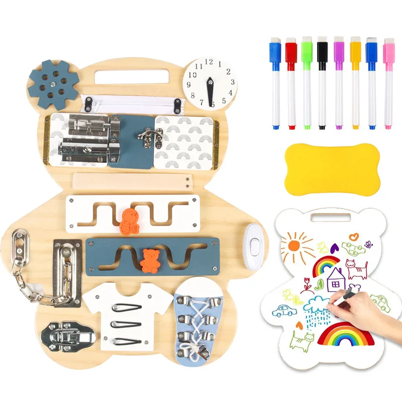 Wwoden niños oso pintura de doble cara tablero ocupado Montessori aprendizaje educación rompecabezas juguete de desbloqueo práctico juegos creativos