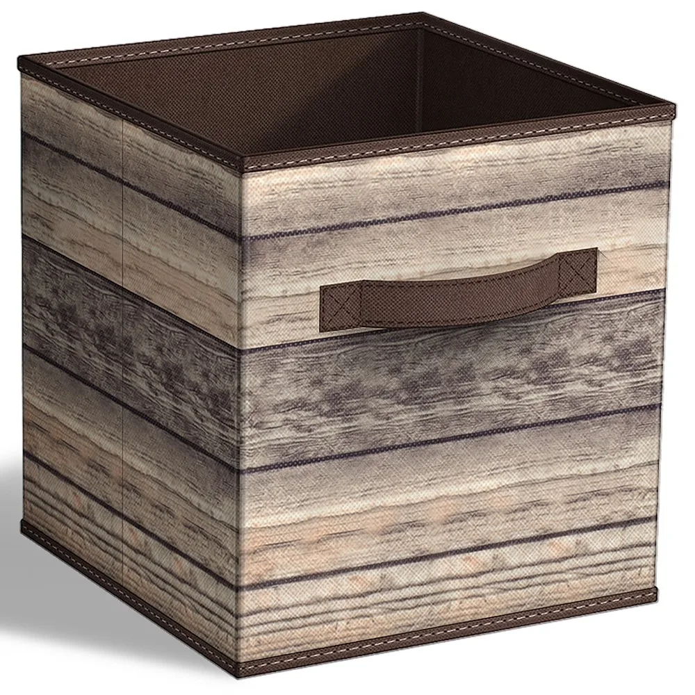 Collapsible Storage Bins 11 Foldable Wood-Look Fabric Cubes with Handle for Clothes Toys Brown
