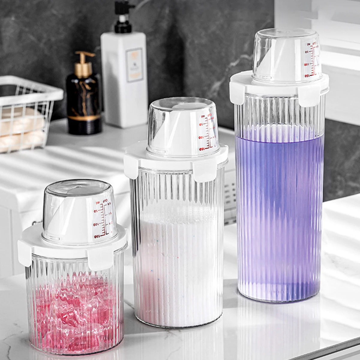 Laundry Detergent Dispenser Bottles with Labels, Empty Refillable Laundry Soap Container, Ideal for Powder, Softener, Detergent,