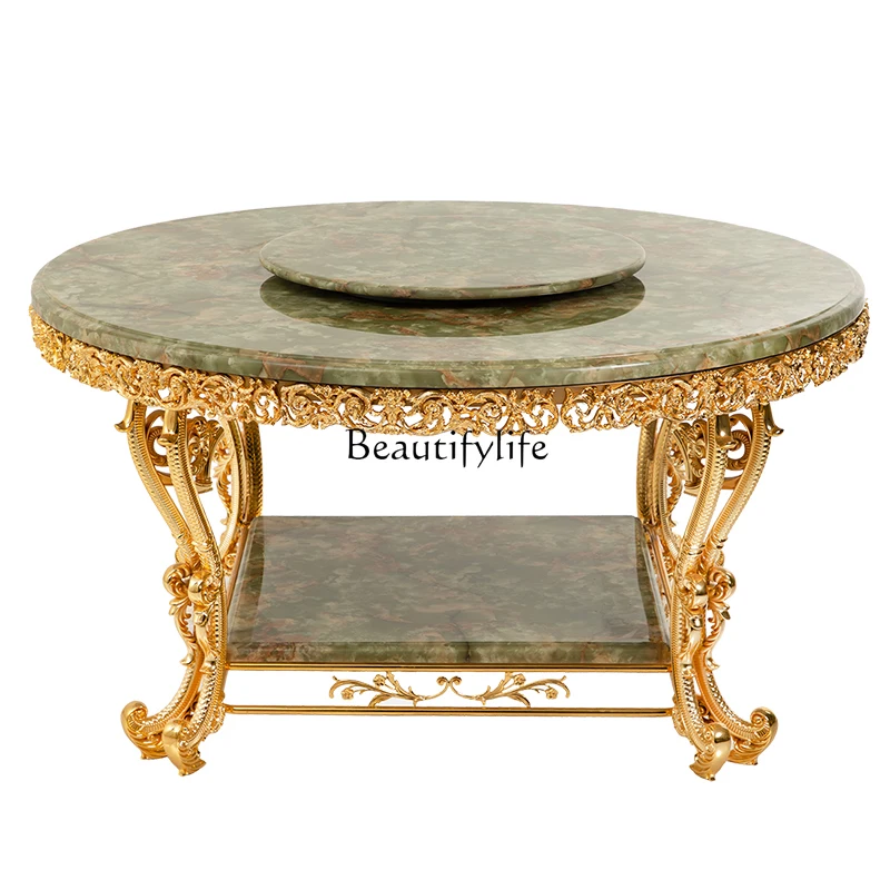 

European marble desktop round household dining table metal carving luxury jade natural dining table and chairs
