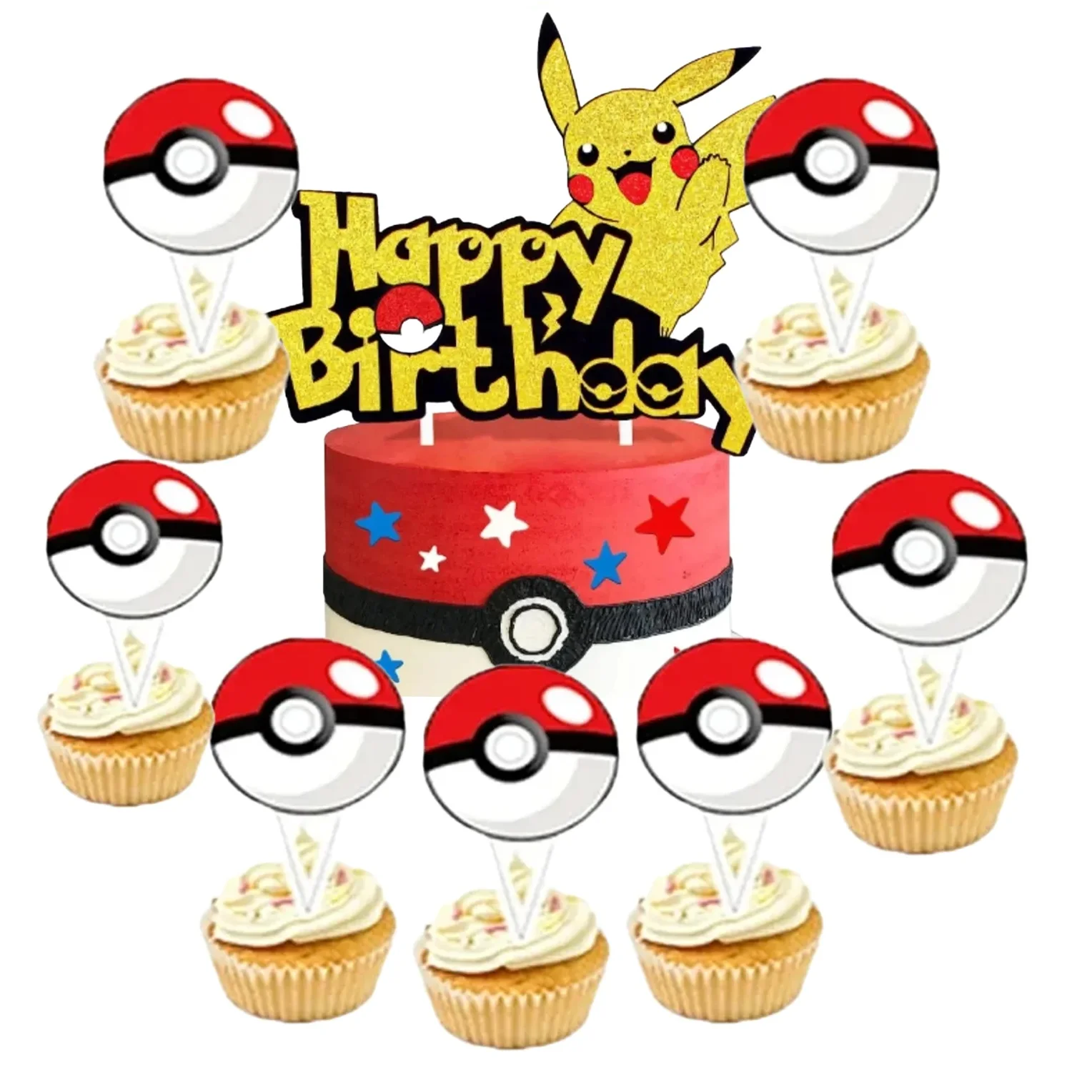 Pokemon Cupcake Happy Birthday Acrylic Party Decor Pikachu Cake Decor Flag Baby Shower Baking DIY Supplies Kids Favors Discount