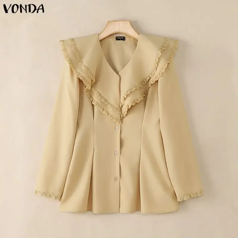 

Женская рубашка с длинными рукавами и рюшами, кружевными вставками VONDA, плиссированный топ на весну-лето, элегантная туника для офиса и вечеринок, рубашка оверсайз