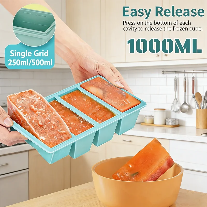 Silikon-Eiswürfelform 250ml 500ml Einzel-Gitter Große Gefrierfach-Aufbewahrungsbox BPA-frei Wiederverwendbar zum Einfrieren von Suppe und Sauce