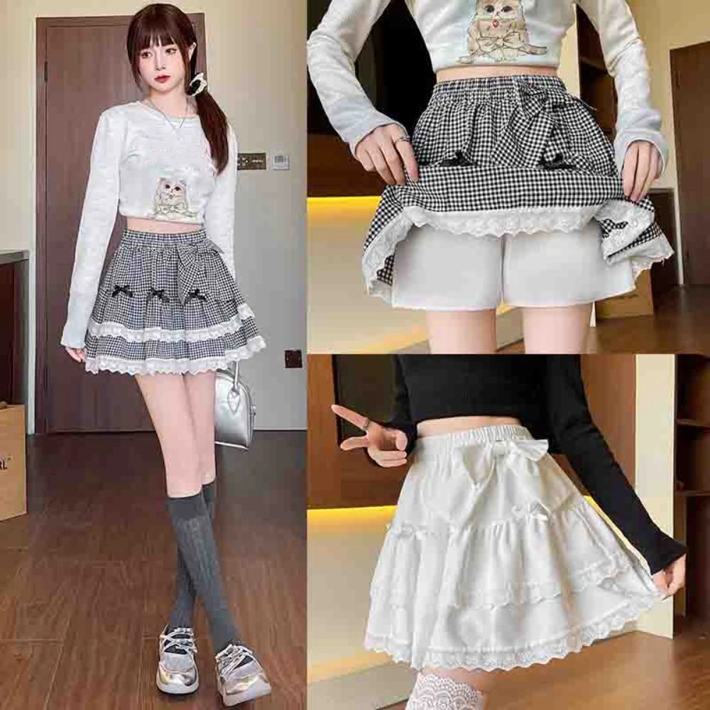 

Кружевная юбка-тортик в полоску в сетку с рюшами и защитными брюками Короткая юбка трапециевидной формы Милая кружевная плиссированная мини-юбка с высокой талией Леди