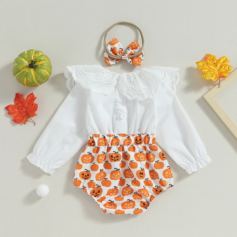 

Adorable Baby Girl Costume Cute Long Sleeve Romper with Doll Collar and Pumpkin Print Includes Matching Hairband for