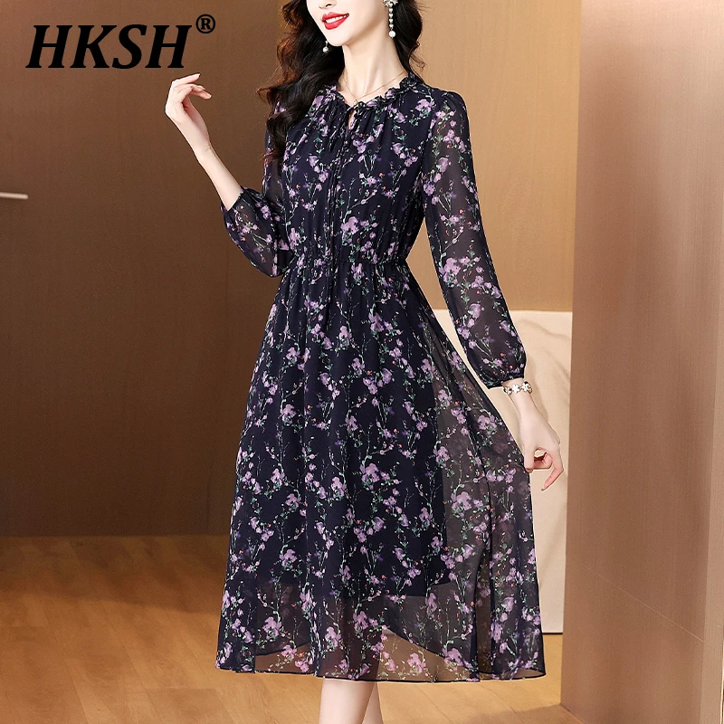 

HKSH Summer New Women's Chic French Fashion Elegant Casual Sweet High Street Stylish Printed Elastic Waist Floral Dresses HK6189