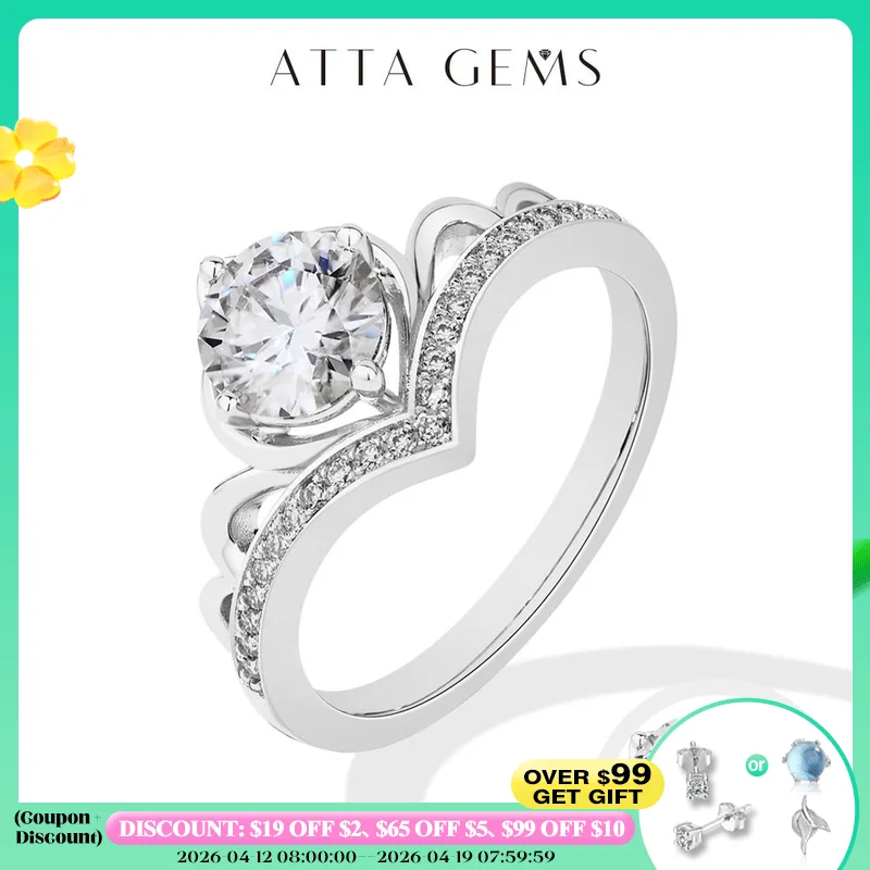 

ATTAGEMS кольца с муассанитом круглой огранки 1 карат DVVS1 S925 стерлингового серебра для женщин Корона принцессы обручальное кольцо высокие ювелирные изделия