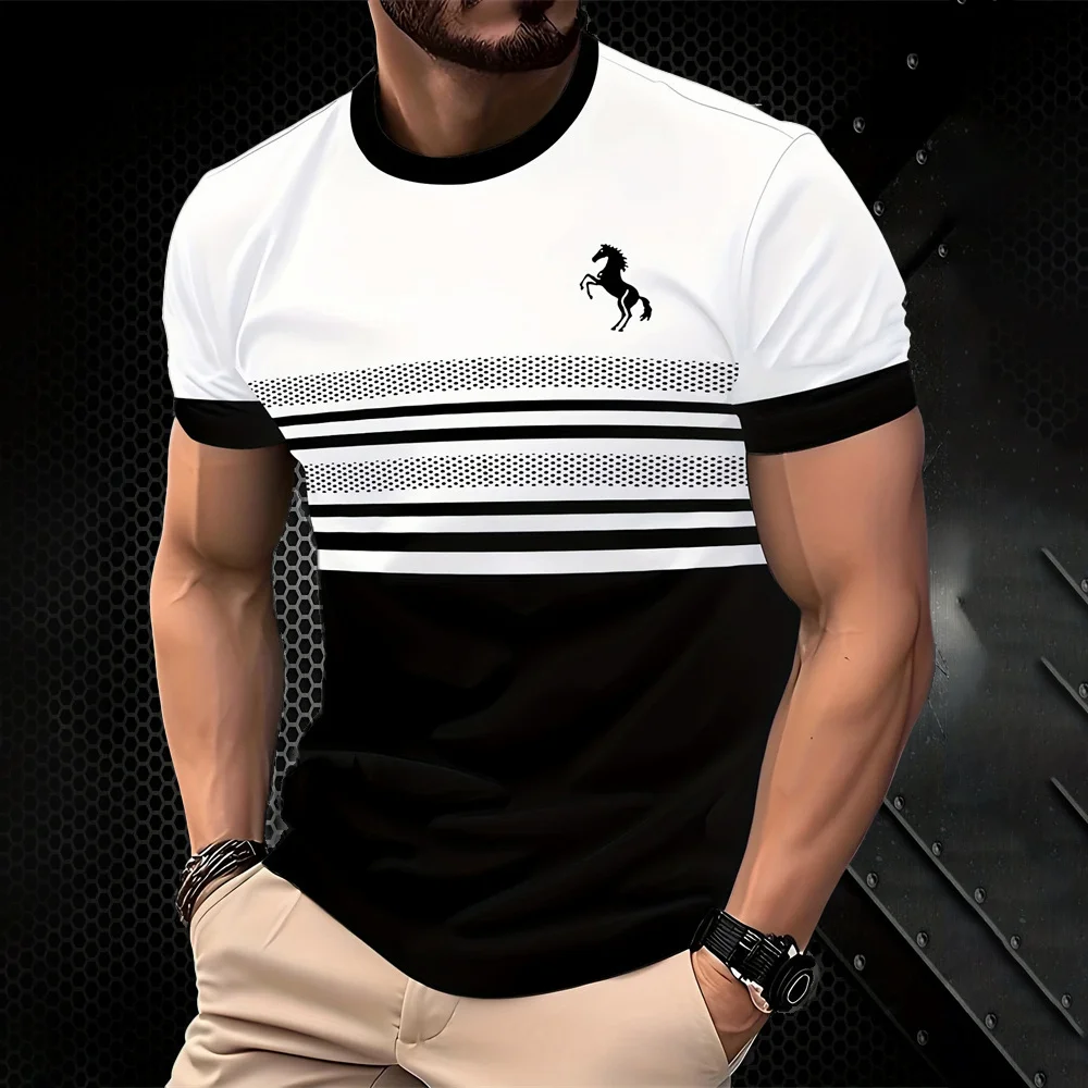 

Simple Stripe Print T Shirt For Men Comfortable Breathable Business Casual Short Sleeve Tops Fashion O-neck Loose Tee Streetwear