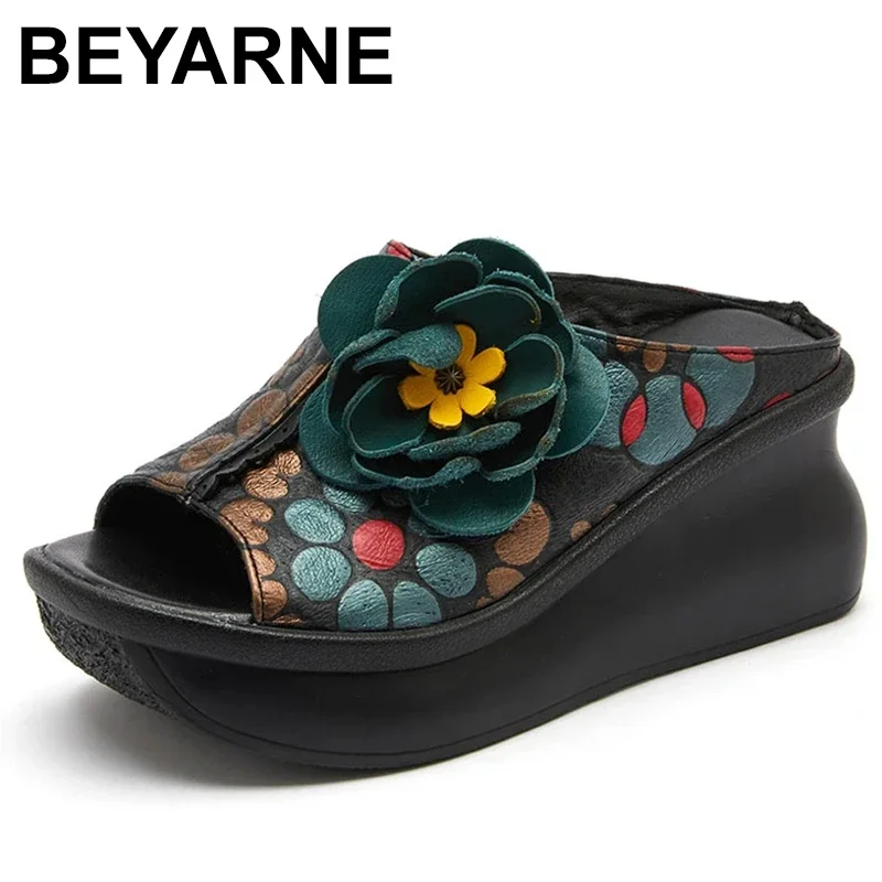 

Retro Slippers Genuine Leather Shoes Handmade Slides Flip Flop On The Platform Clogs For Women Flower Woman Slipper