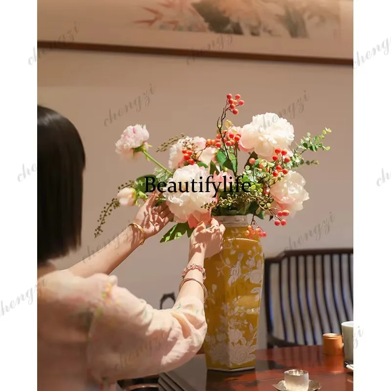 E182 New Chinese style, vase, ceramic painted flower arrangement, living room retro model room entrance dining table ornament