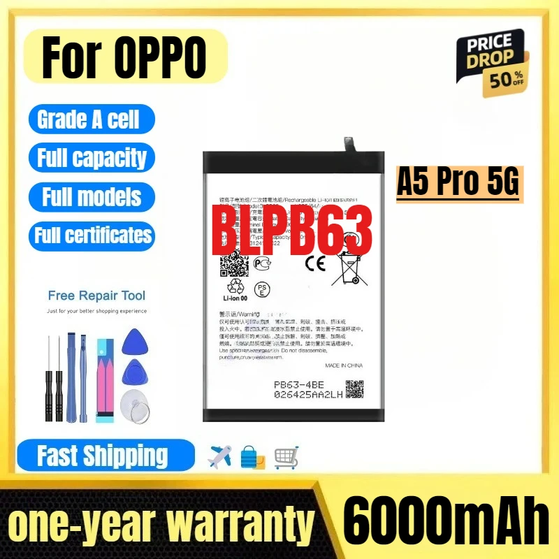 

BLPB63 for OPPO A5 Pro 5G Mobile Phone Battery High Quality High Capacity Battery Replacement Bateria Grade A Cell with Tools