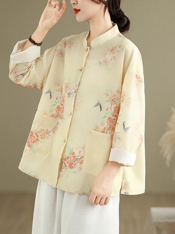 

Новый китайский льняной кардиган с цветочным принтом для женщин ранней осени, элитный ретро-дзен, хлопковый льняной открытый кардиган, верхняя одежда, топ
