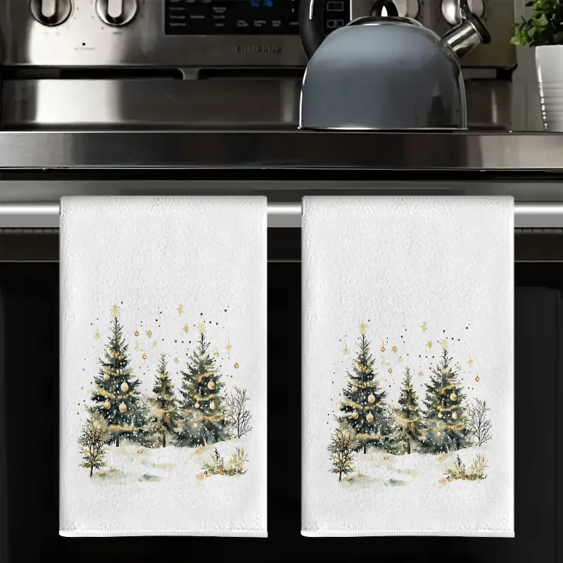 قطعتان من مناشف المطبخ على شكل شجرة عيد الميلاد الذهبية على شكل ندفة الثلج، مجموعة مناشف، قماش تنظيف ناعم فائق الامتصاص، منشفة شاي للطبخ والخبز، منشفة يد، قماش تنظيف، ديكور غرفة المطبخ، أساسيات المنزل #1