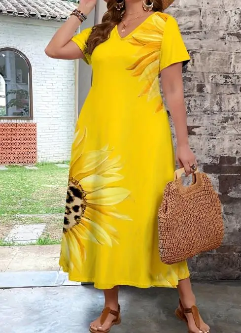 2025 A-lijnjurk met V-hals, zonnebloemprint, hoog getailleerde a-lijnjurk voor zomer, grote maten dames, elegante en casual losse jurk met korte mouwen