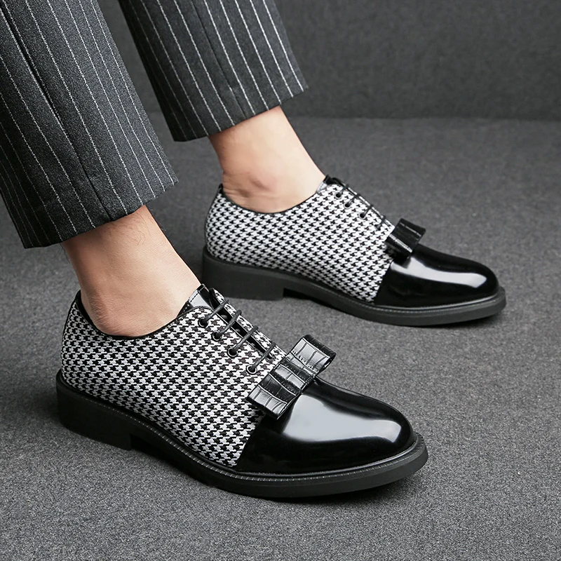 Men Bow Tie Loafers PU Splicing Low Heel Classic Professional Banquet Wedding Business Men Shoes Size 38-47