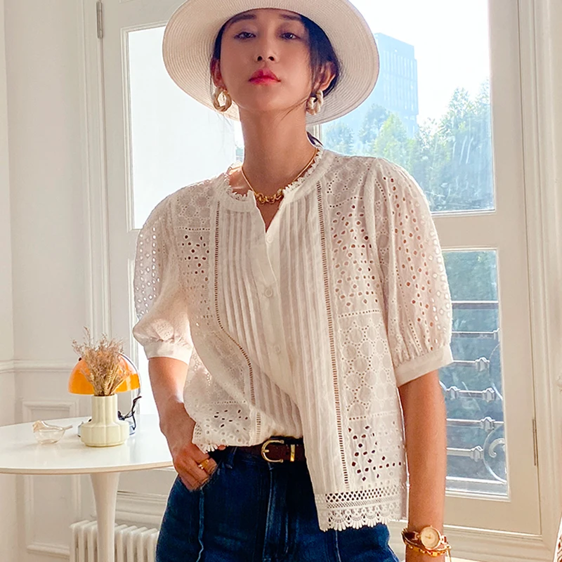 GypsyLady Elegant Chic Blouse Shirt White 100% Cotton Patchwork Spring Women Blouse Hollow Out Boho Lace Sexy Ladies Top Shirt