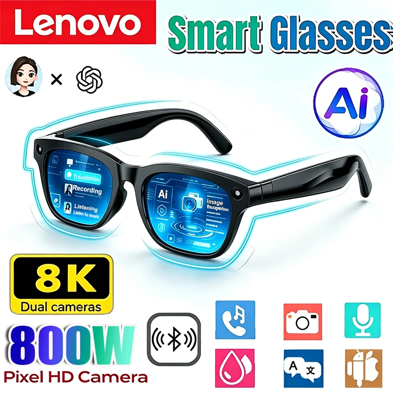 Умные AI-очки Lenovo 800w HD с камерой 8K для фото- и видеосъемки, голосовыми вызовами, переводом, водонепроницаемые, Bluetooth, AI-очки для мотоциклистов