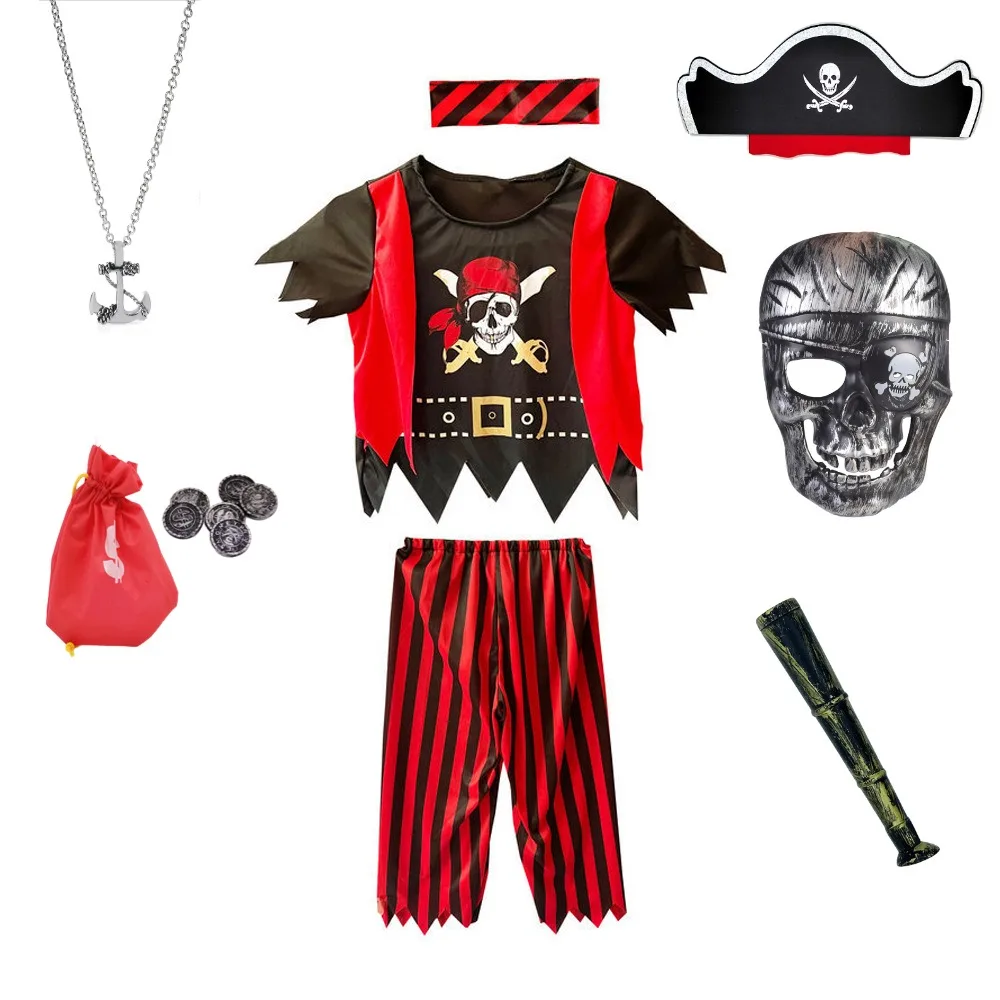 Medieval Caribbean Pirate Cosplay Costume Retro Disguise Dress Full Set Kids Halloween Carnival Clothes Accessories Role Play