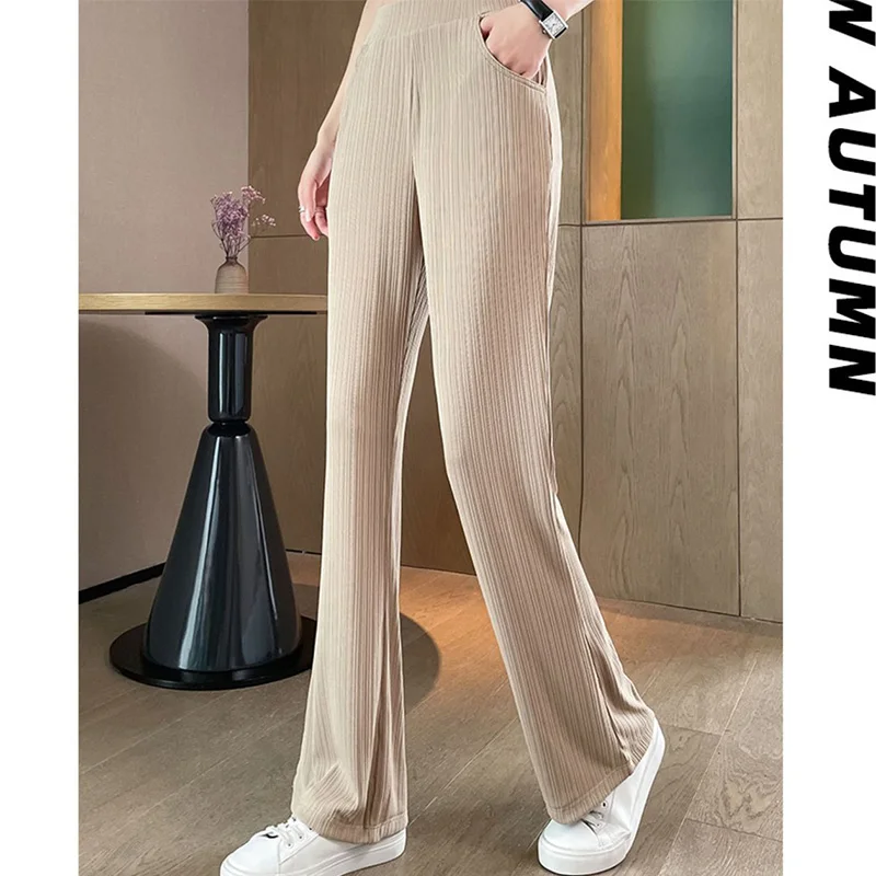 Spring Summer Ice Shreds Pockets Loose Casual Trousers Fashionable Ice Shreds High Waist Micro Flared Wide Leg Pants Female